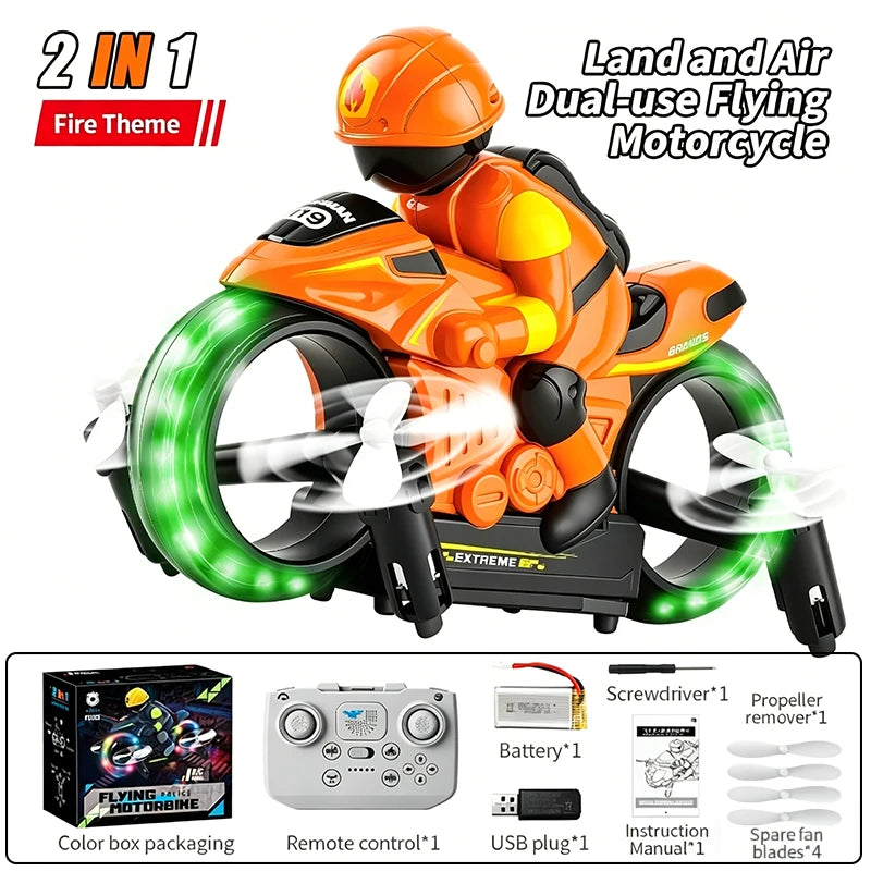 2IN1 RC Car and RC Drone Land and Air Dual-use Flying Motorcycle 2.4G Remote Control Stunt Drift with Gyro and Night Light Toys