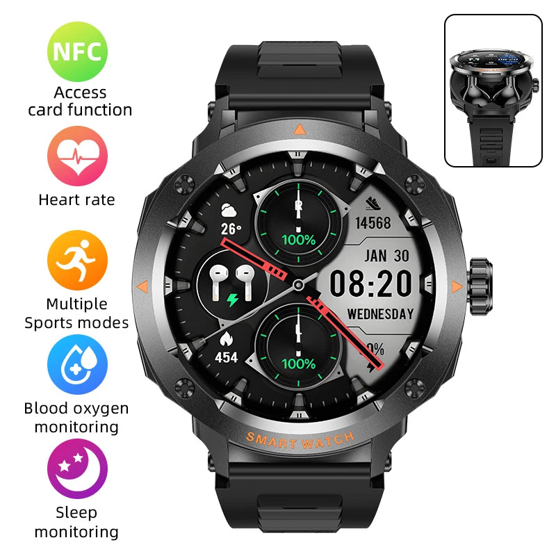 Smartwatch militar para hombre con auriculares inalámbricos integrados, acceso a puertas NFC, monitor de frecuencia cardíaca, reloj inteligente deportivo para iOS y Android
