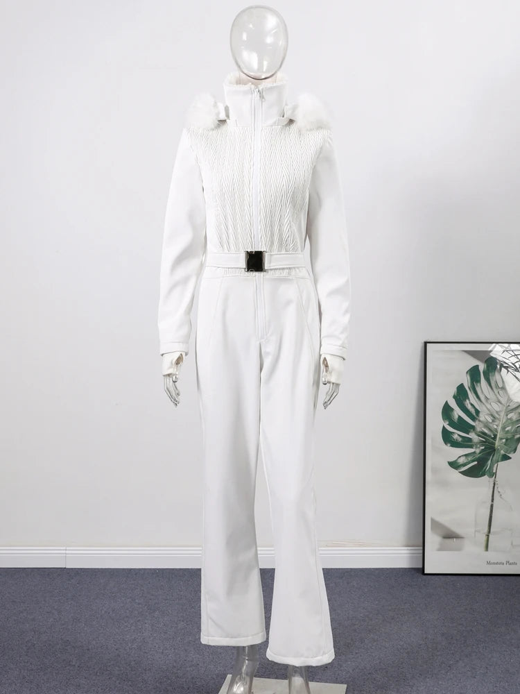 Traje de esquí casual con capucha y cuello de piel para mujer, abrigo con cinturón y cremallera, pantalón recto, monos, ropa de invierno 2025, ropa exterior sólida para damas.