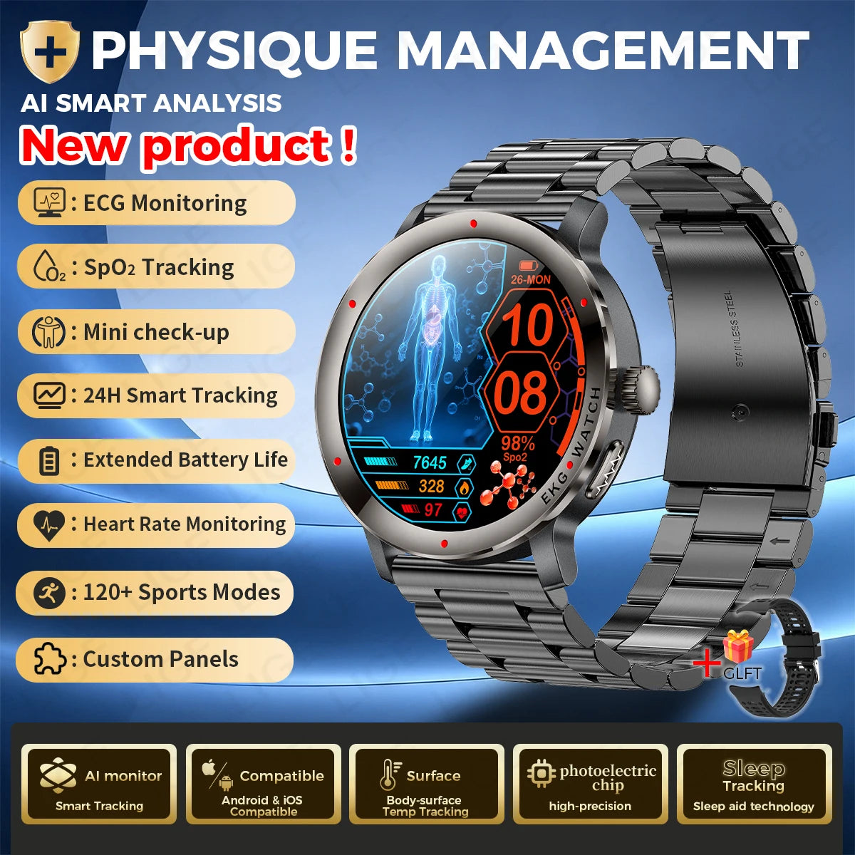 Reloj inteligente LIGE 2026 con diagnóstico por IA, ECG+PPG, ácido úrico preciso, oxígeno en sangre, grasa corporal, deportes, fitness, resistente al agua, reloj inteligente de salud