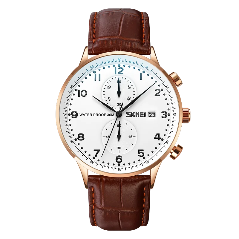 Reloj de pulsera SKMEI 9301 para hombre, de marca de lujo, con correa de cuero auténtico, resistente al agua, con fecha, cronómetro y movimiento de cuarzo.