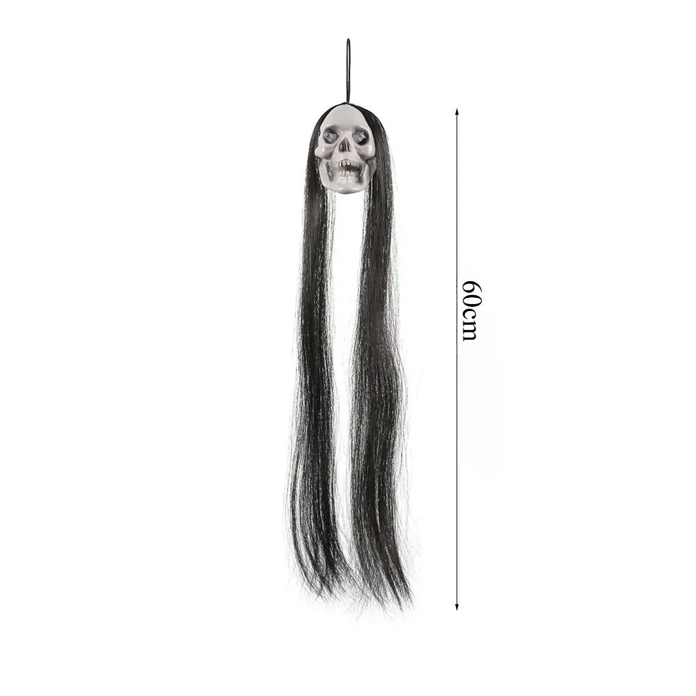 Halloween Ghost Skull with Long Hair Glowing Eyes Terror Skeleton Head Prop Haunted House Decoration for Party Outdoor Yard ﻿