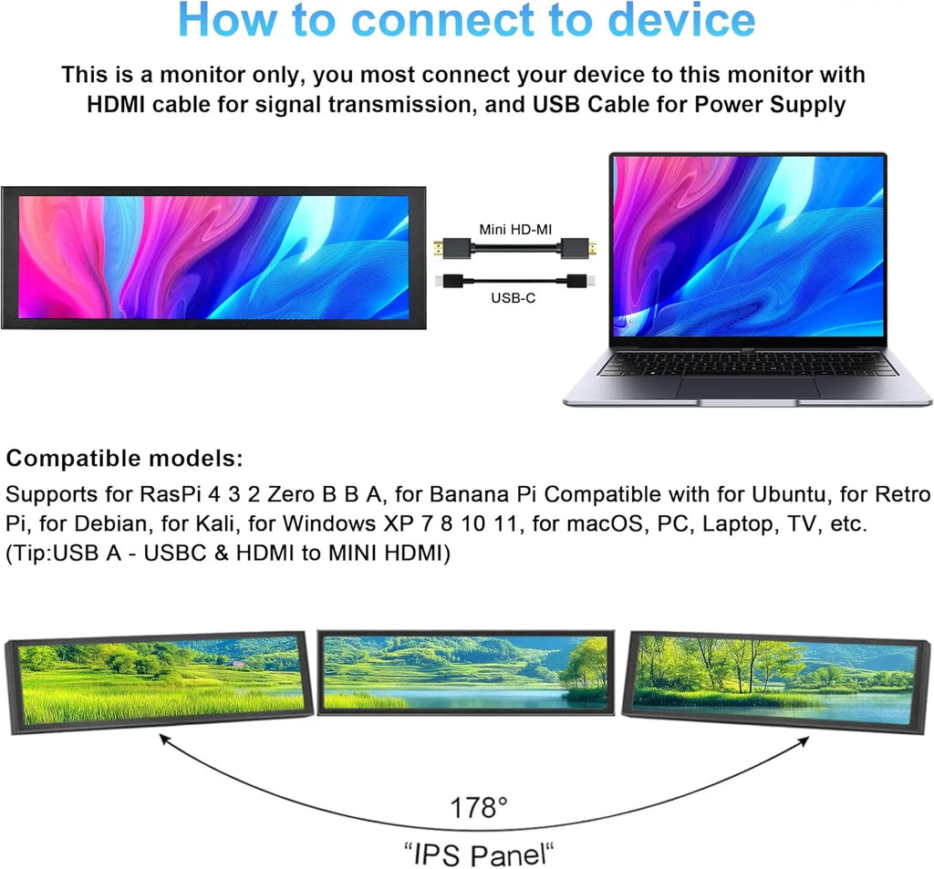 Mini Monitor HD de 7,84 pulgadas USB-C IPS pantalla LCD de barra estirada para ordenador portátil Aida64 CPU GPU monitoreo pantalla secundaria
