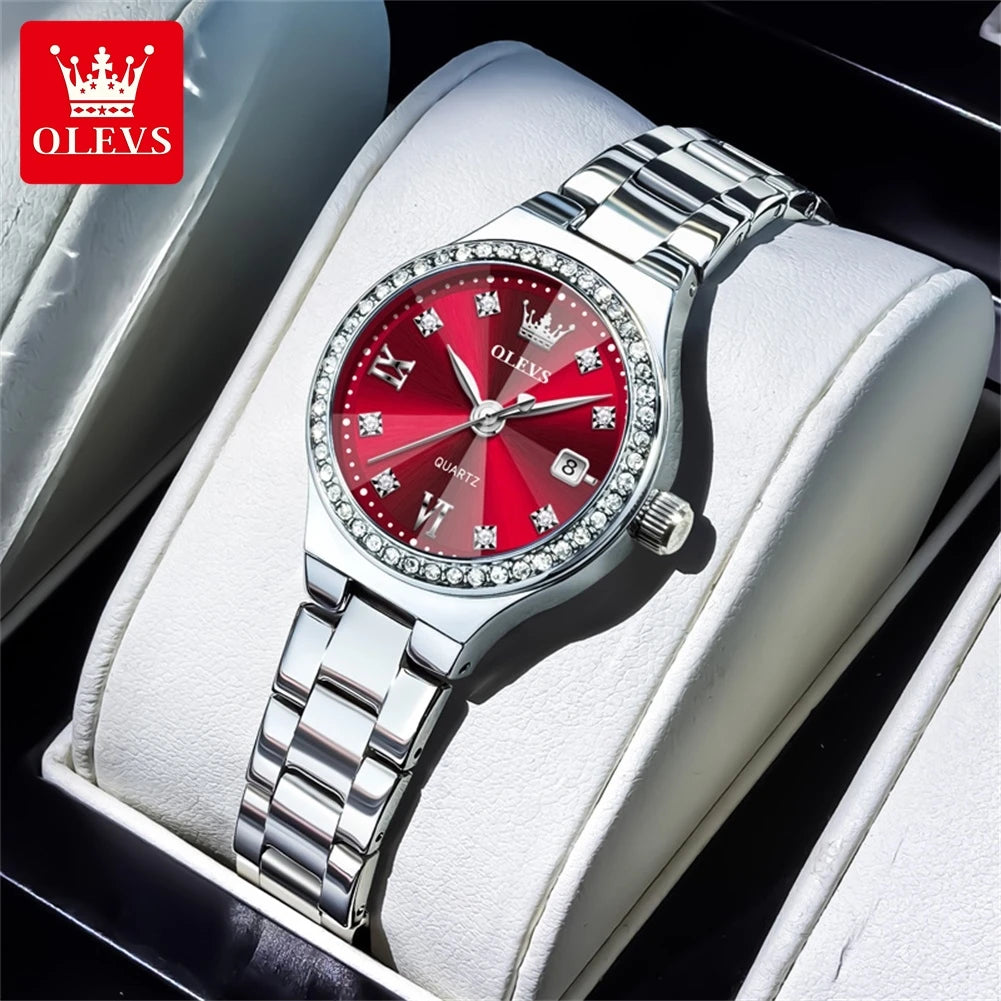 Reloj de cuarzo para mujer OLEVS, elegante y delicado, con espejo de rombos, bisel de diamantes de lujo, correa de acero, calendario, resistente al agua, modelo 5628