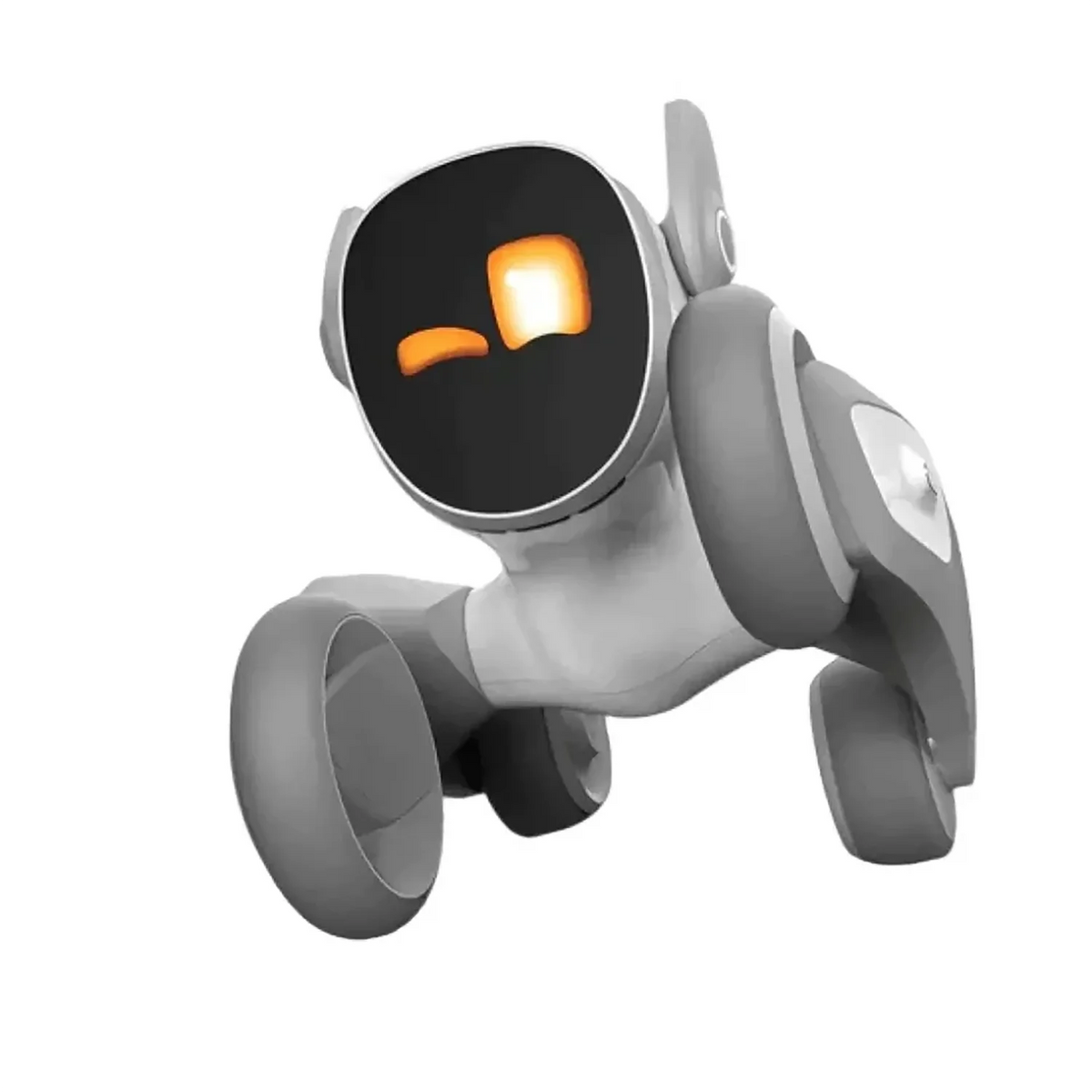 Perro robot compañero gris con ojos LED naranjas y patas anchas, vista lateral