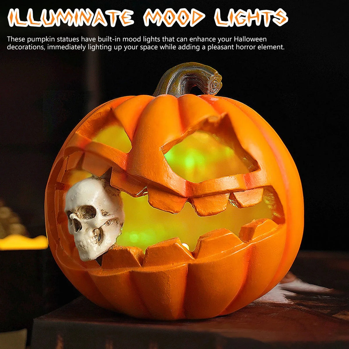 Linterna de calabaza de Halloween con luz LED, estatuas de calavera, adorno brillante de Jack-O-Lantern espeluznante para decoración de mesa de hogar, bar o casa embrujada