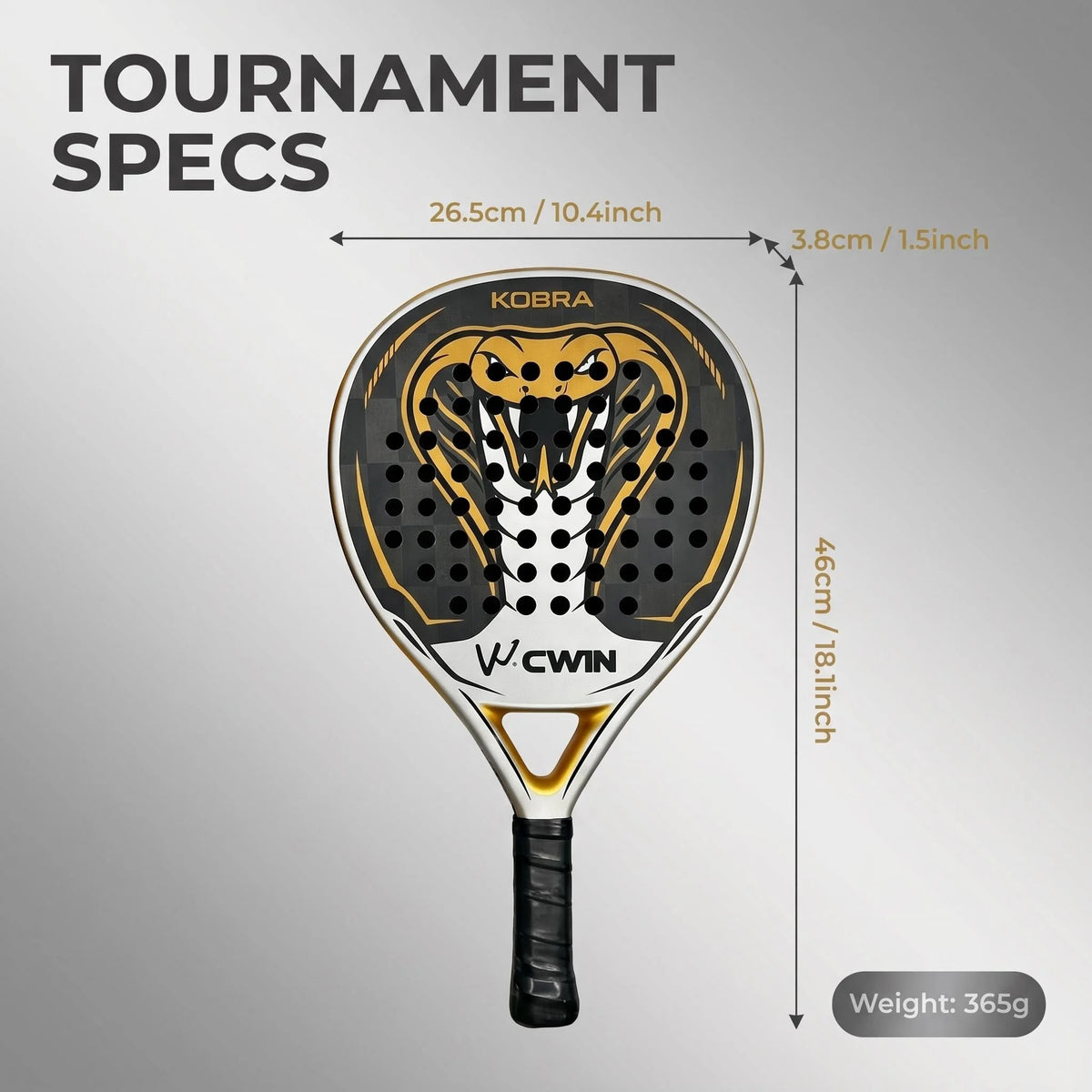 Raqueta de Pádel KOBRA 24K de Fibra de Carbono, Ligera, 38 mm de Grosor, Raqueta Profesional de Tenis de Pádel con Textura de Cabeza de Serpiente Dorada, Absorción de Impactos