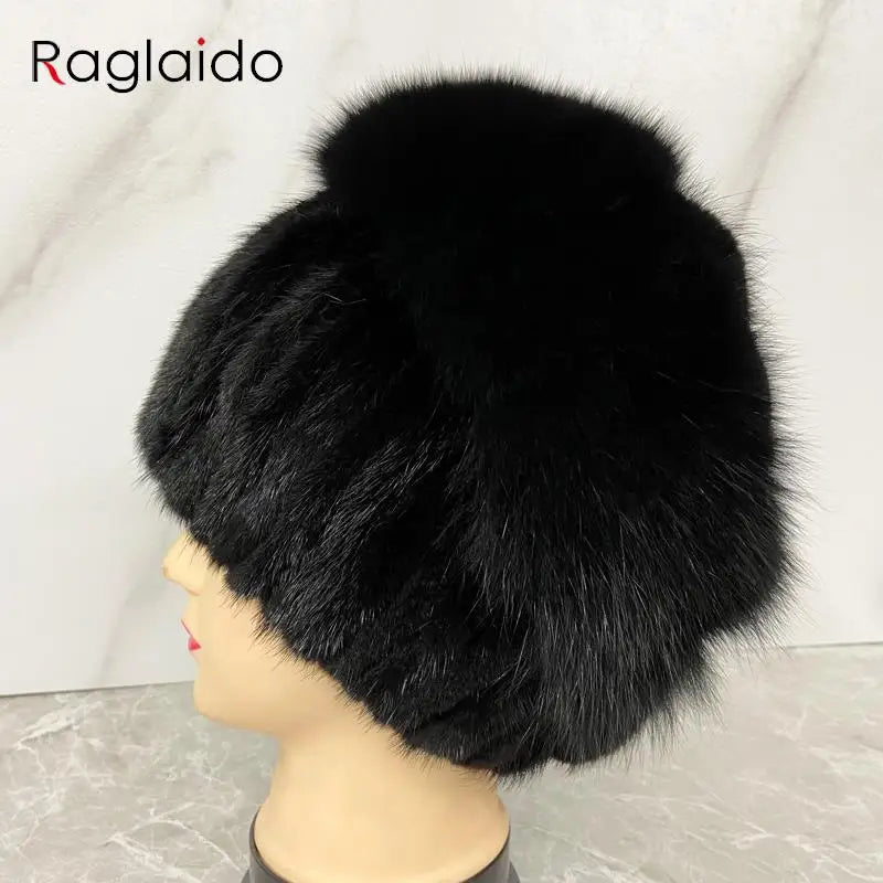 Sombrero de punto de piel de zorro de visón Natural con diamantes para mujer, gorros de invierno, gorro de nieve cálido para exteriores, elegante