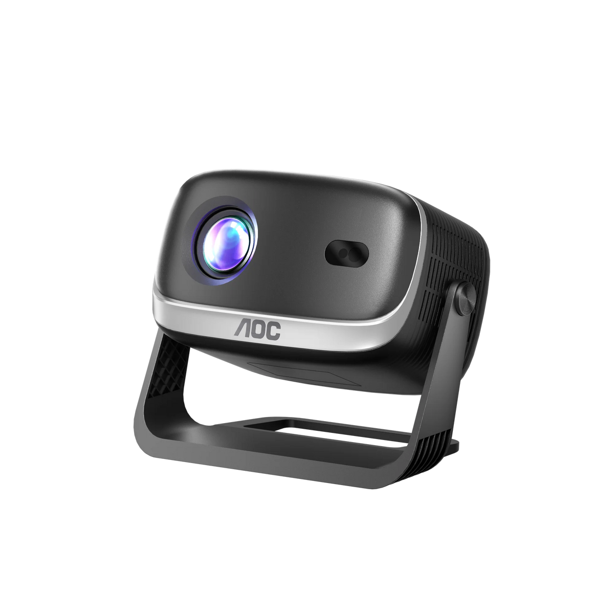 Proyector inteligente AOC negro y gris con lente circular y base plegable.
