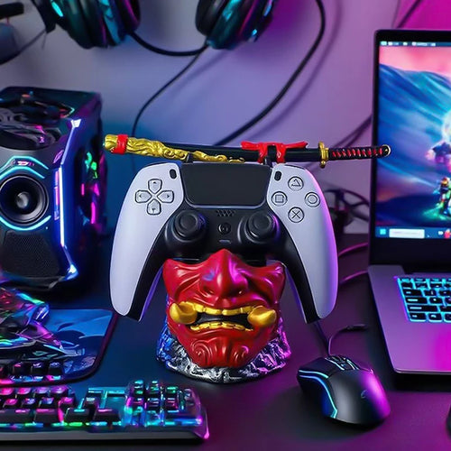 Soporte creativo para gamepad con control blanco y detalles de dragón rojo y máscara