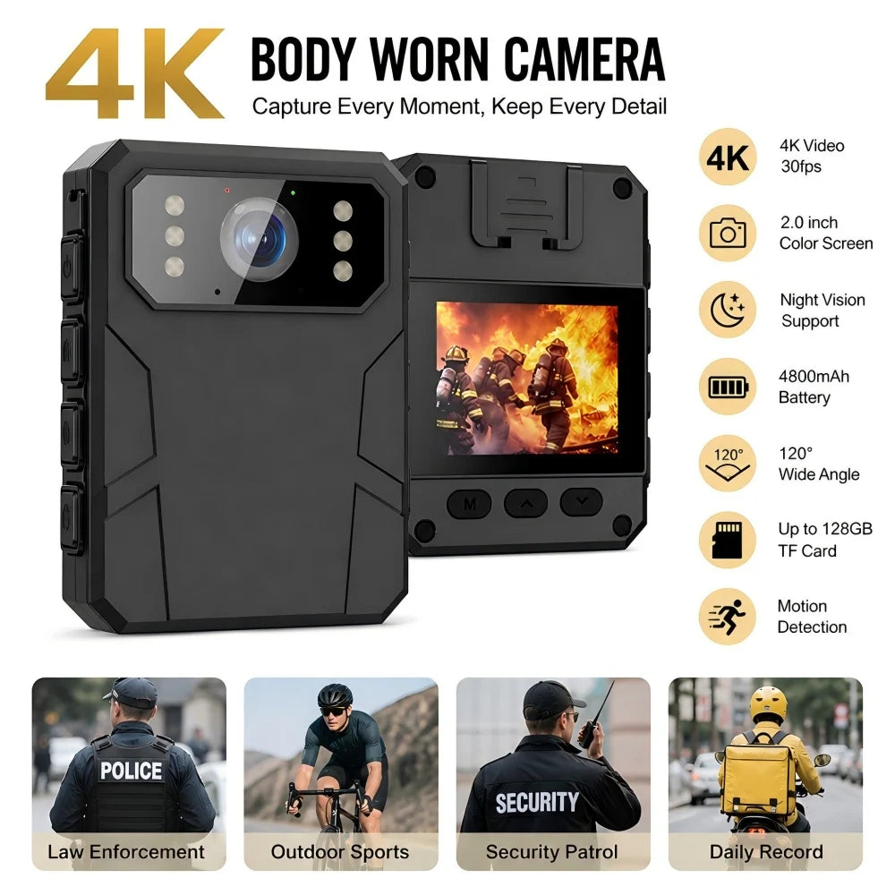 Mini Cámara Corporal 4K Full HD, Cámara Corporal Portátil con Visión Nocturna, Grabadora de Video, Cámara Policial, Grabadora para las Fuerzas del Orden, DV BodyCam