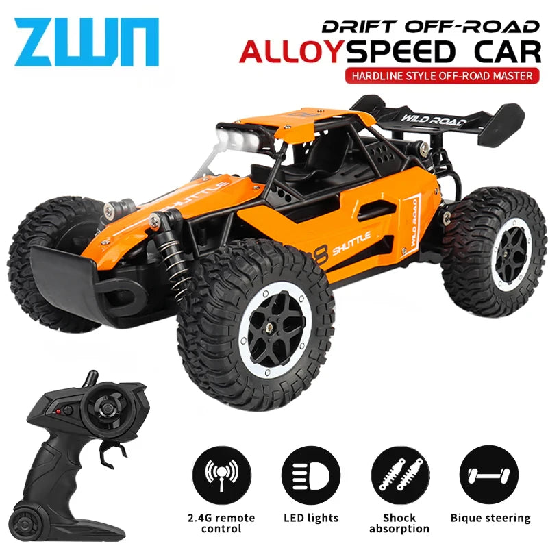 Vehículo RC todoterreno 2WD naranja con llantas grandes y luces LED delanteras