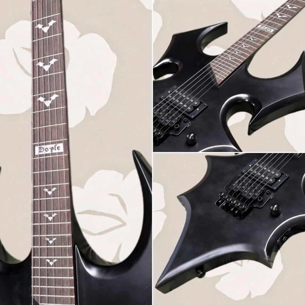Guitarra eléctrica de color negro mate, 27 trastes, diseño angular con contornos artísticos, instrumento para tocar en un estilo de guitarra de gran impacto y para coleccionar.
