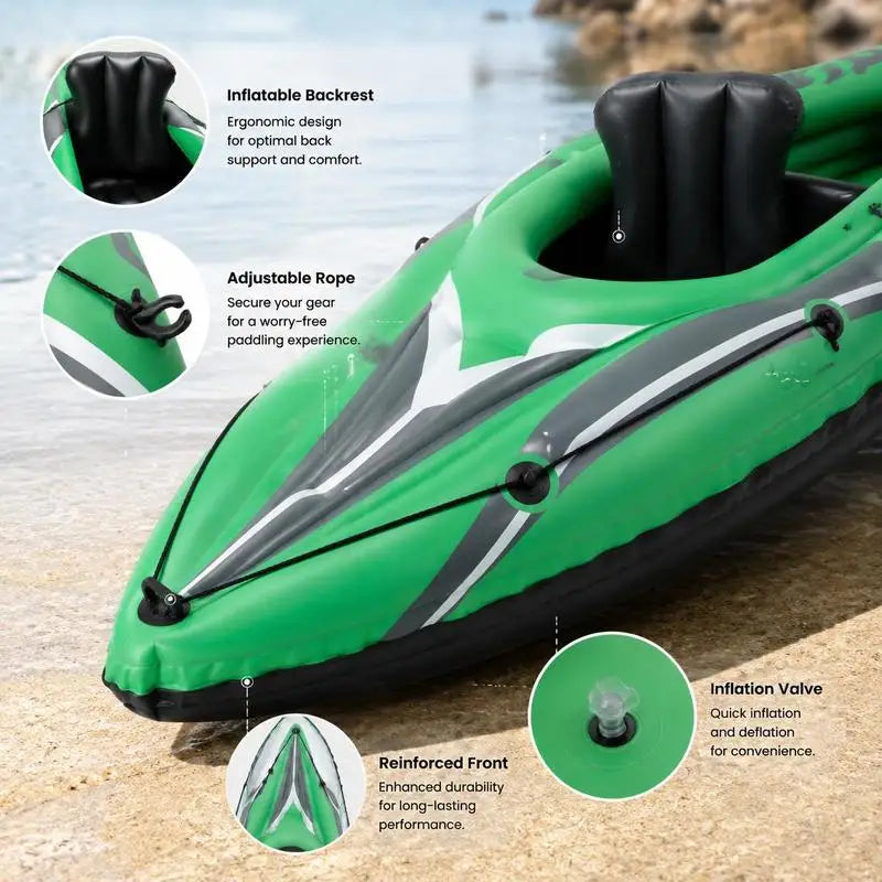 Kayak Inflable de 11.5 Pies para 2 Personas, Resistente, con Palas de Aluminio - Verde