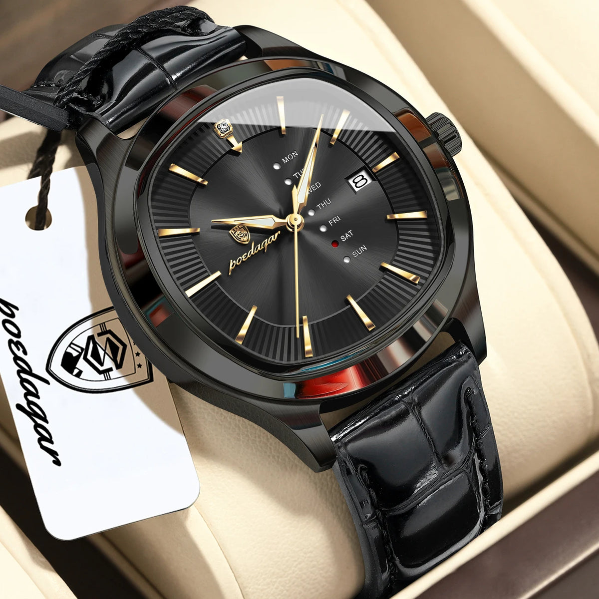POEDAGAR Fashion Man Clock Waterproof Luminous Date Week Sport Men Wristwatch Leather Business Men's Quartz Watches Reloj Hombre