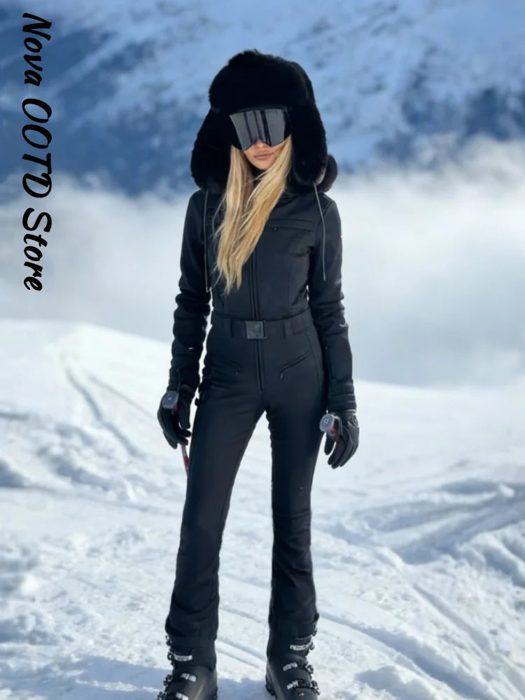 Mono de Esquí con Capucha de Piel Negra para Mujer, Ajustado, Impermeable, Cortavientos, Ropa de Esquí 2026, Mono de Nieve Deportivo Cálido para Mujer, Nuevo