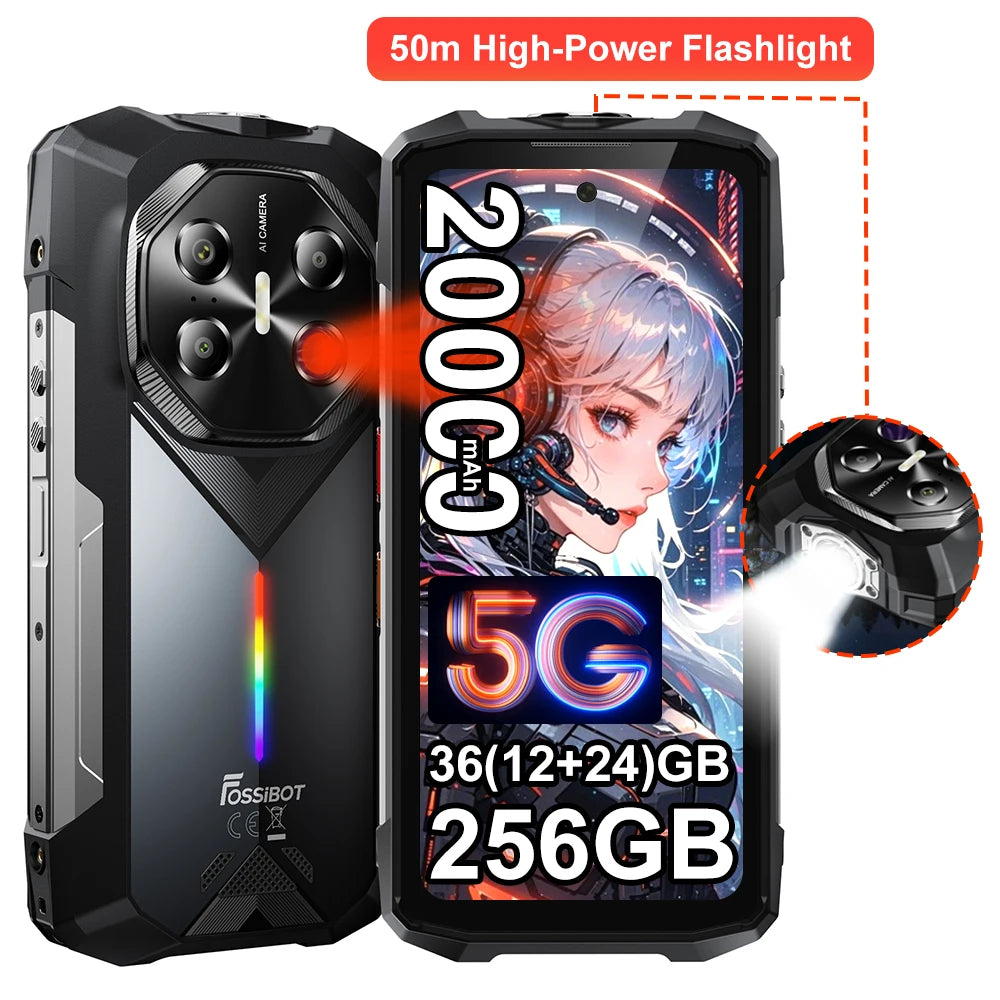 Smartphone rugerizado FOSSiBOT F113 5G 36(12+24)GB+256GB Batería de 20000mAh Teléfono móvil 33W Android 15 NFC Luz de camping 64MP 120Hz