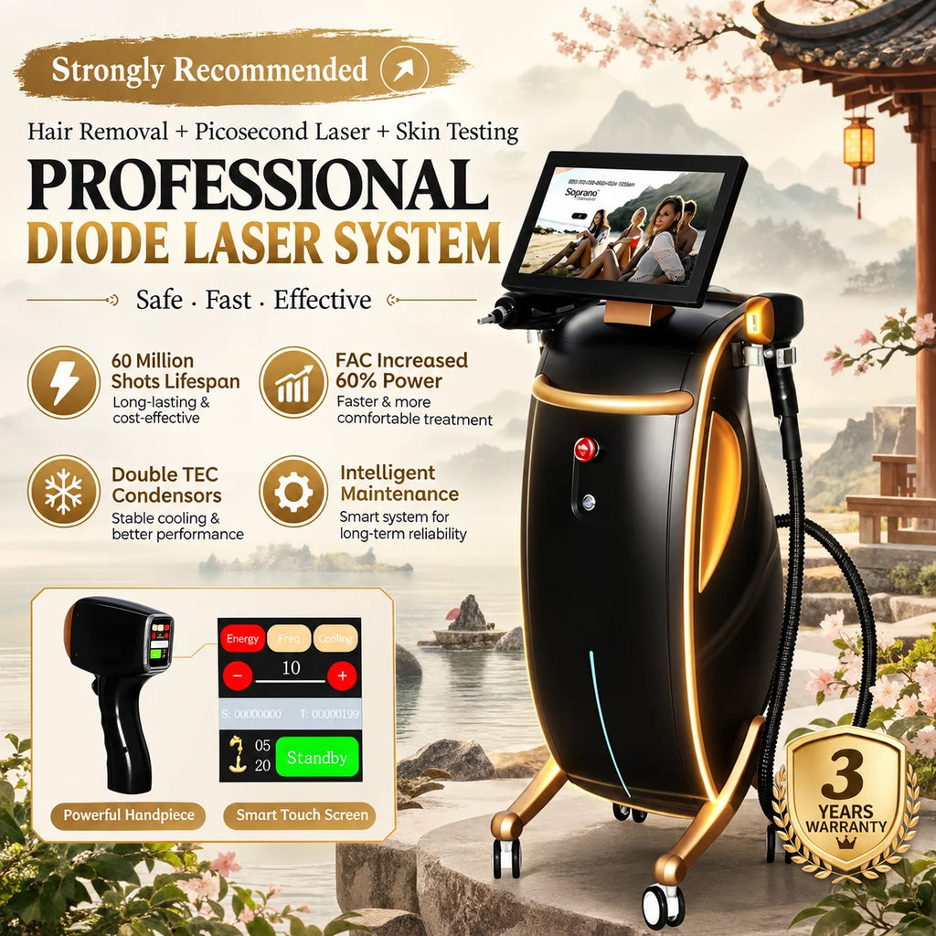 Máquina de Belleza Láser Multifuncional 3 en 1, Depilación Permanente con Diodo, Eliminación de Tatuajes con Picosegundos, Sistema de Análisis de Piel y Vello