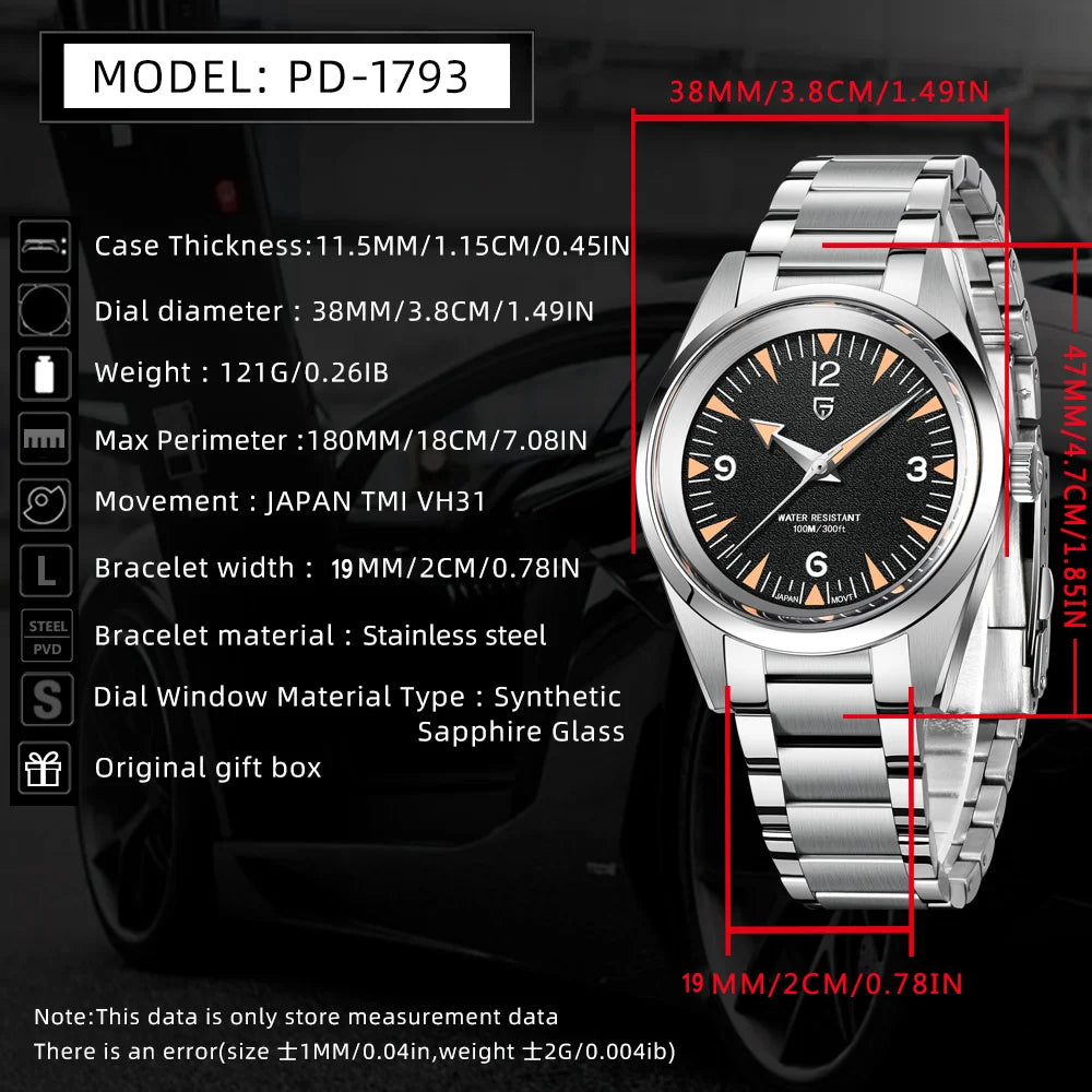 Reloj PAGANI DESIGN PD1793 2025, 38 mm, movimiento de cuarzo VH31, cristal de zafiro, acero inoxidable, resistente al agua 100 m, reloj casual