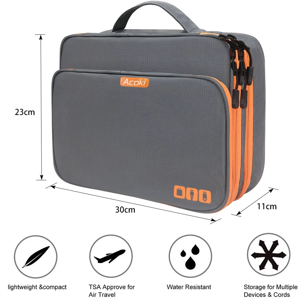 Organizador de accesorios electrónicos multicapa, bolso de almacenamiento con bolsillo frontal, organizador de cables de viaje de gran capacidad para iPad