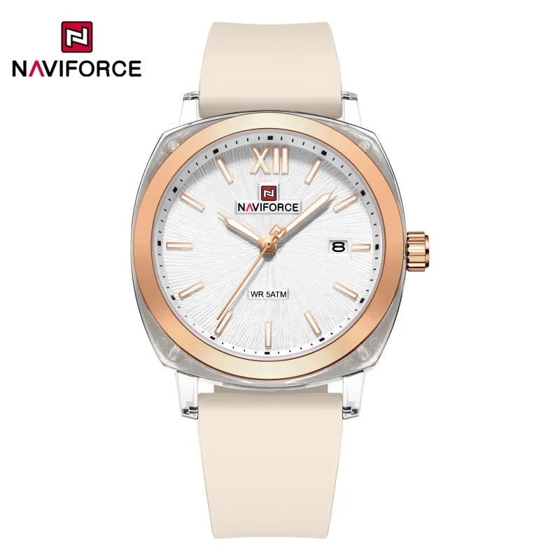 Reloj de cuarzo sencillo para mujer NAVIFORCE, reloj de pulsera informal para dama, con calendario, manecillas luminosas, correa de silicona y resistente al agua 5ATM