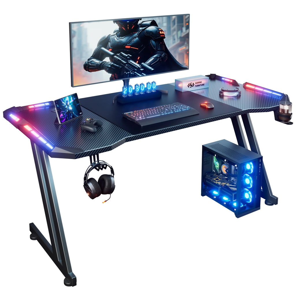 Escritorio gaming en forma de Z con tiras LED RGB, soporte para auriculares y organizadores