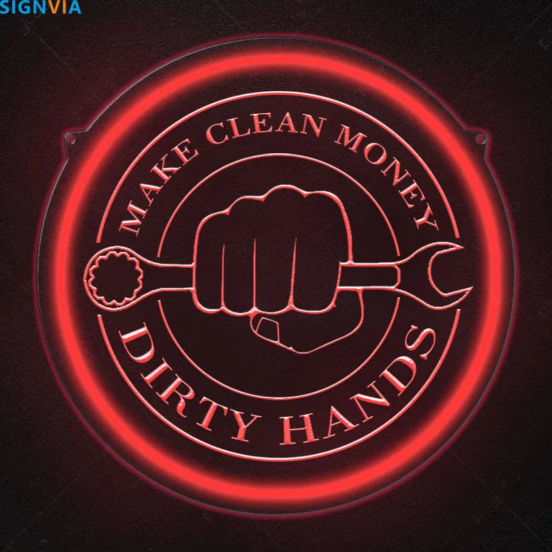 Cartel de neón circular USB con borde rojo, manos y texto “DIRTY HANDS”.