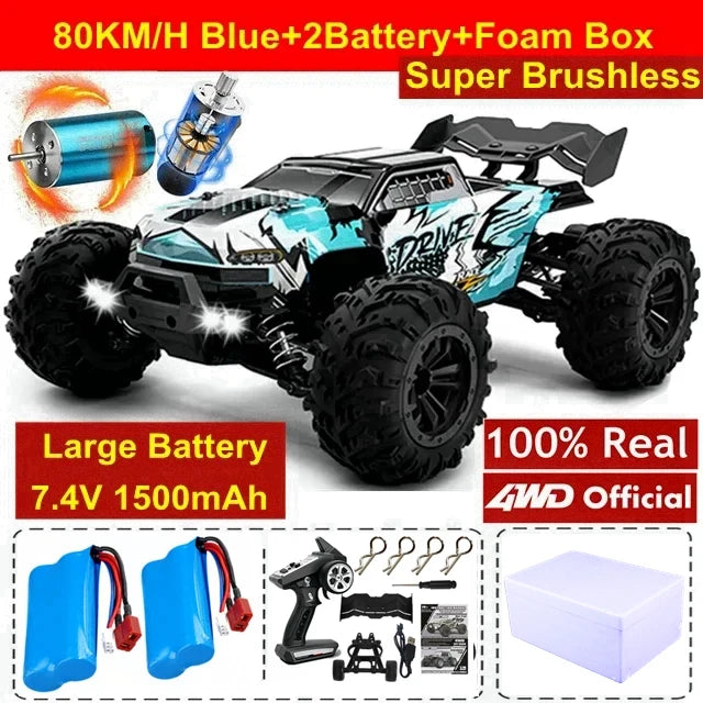 Camión RC 4x4 todoterreno azul con llantas negras y accesorios, 2 baterías.