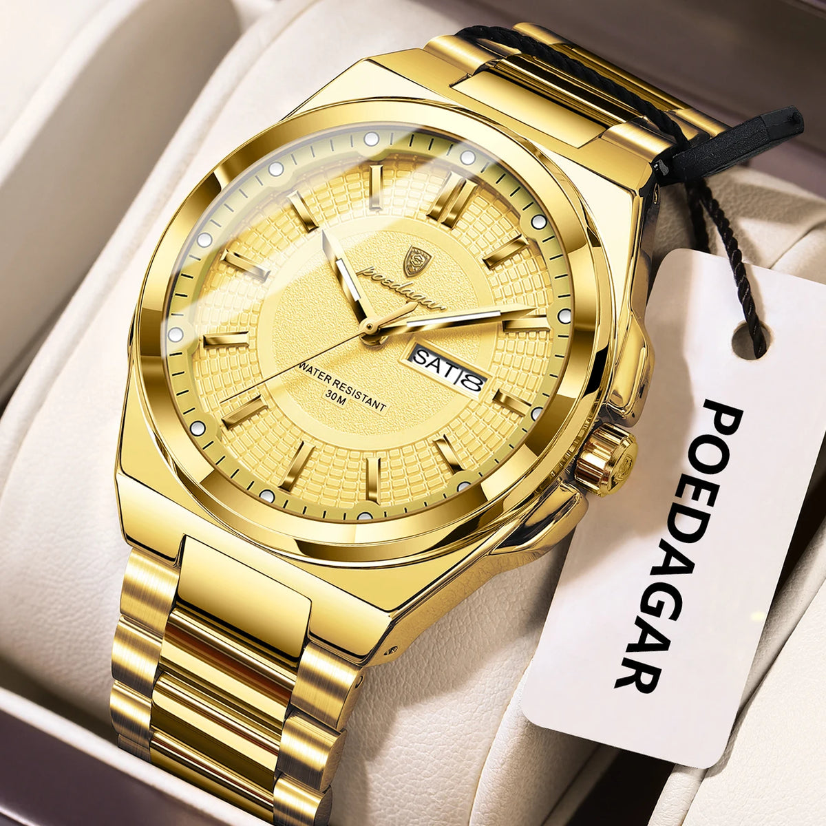 Reloj de pulsera deportivo original POEDAGAR para hombre, de cuarzo, fecha, semana, de lujo, resistente al agua, luminoso, de acero inoxidable