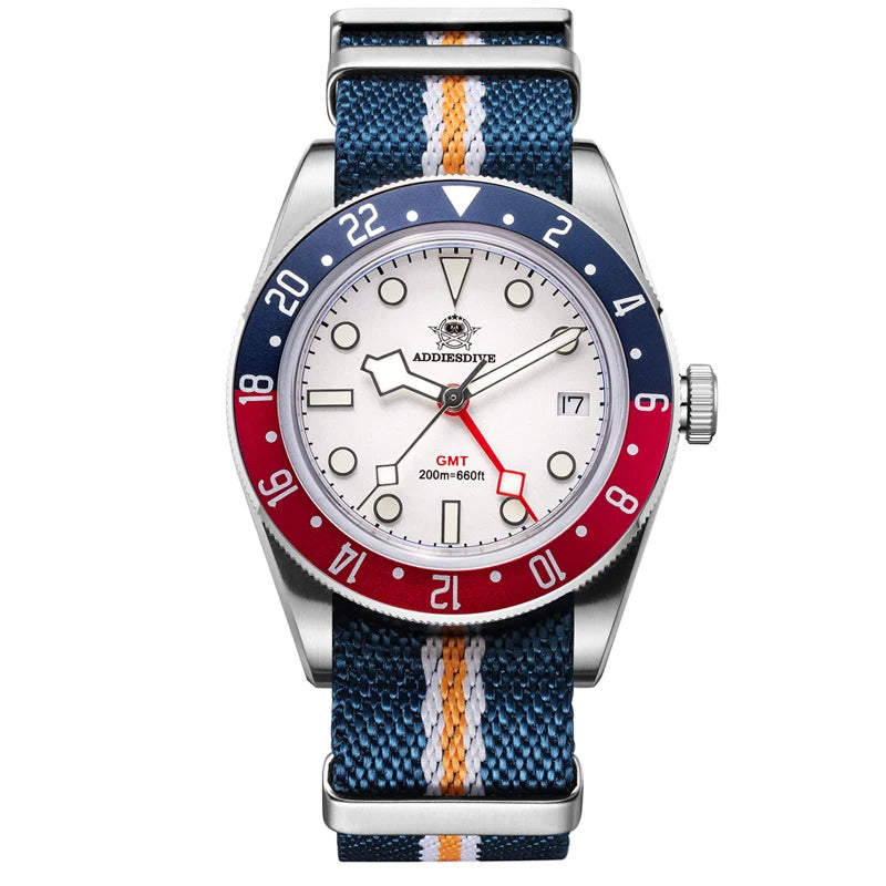 Reloj GMT de lujo para hombre ADDIESDIVE AD2044, cristal de burbuja, cuarzo suizo Ronda, reloj de negocios para hombre, resistente al agua 200 m, luminiscencia BGW9