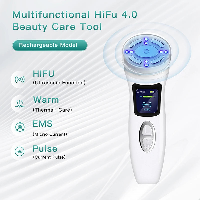 Mini máquina de ultrasonido de radiofrecuencia HIFU 4 en 1, instrumento de belleza Facial de microcorriente EMS, herramienta antiarrugas para el cuidado de la piel reafirmante