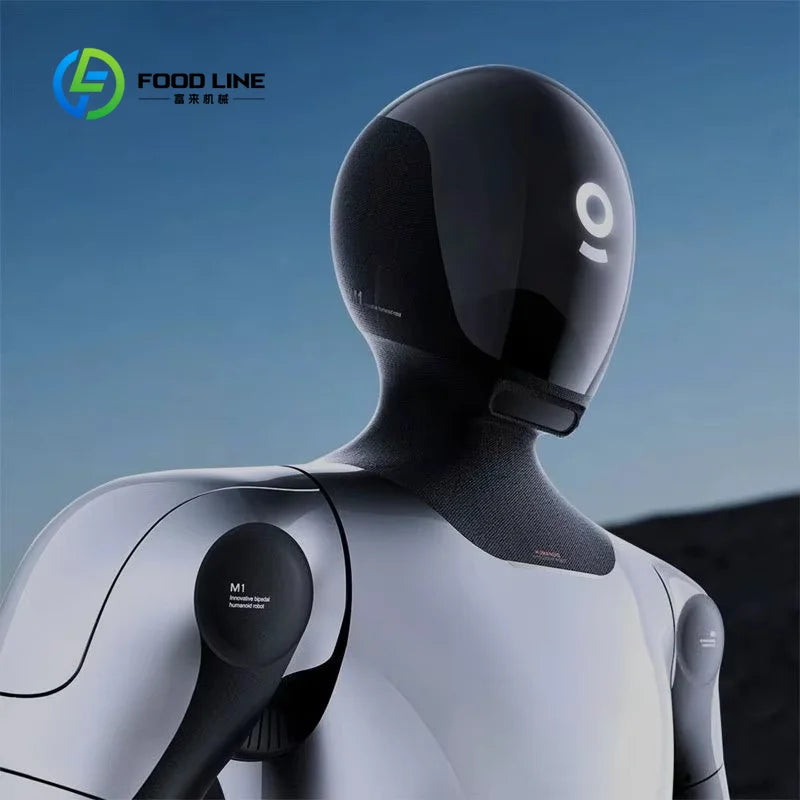 Robot humanoide con cabeza negra y torso blanco, paneles y articulación de hombro visibles.