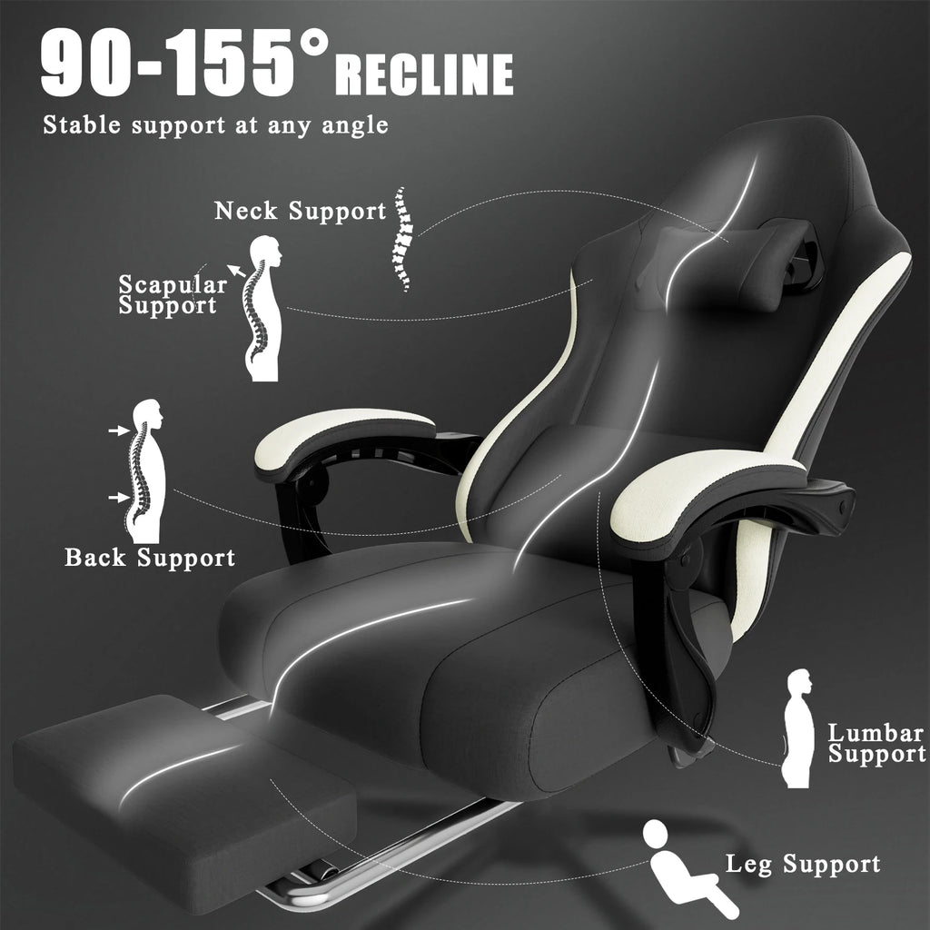 Silla de gaming ergonómica negra con soporte lumbar y reposacabezas, vista lateral
