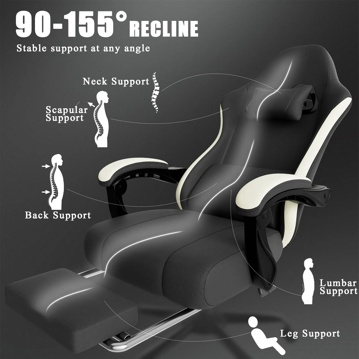 Silla de gaming ergonómica negra con soporte lumbar y reposacabezas, vista lateral
