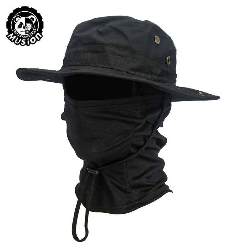 Conjunto de gorro de pescador con ala ancha y pasamontañas de camuflaje Musion para hombre, gorra tipo boonie para exteriores, sombrero de protección solar para pesca