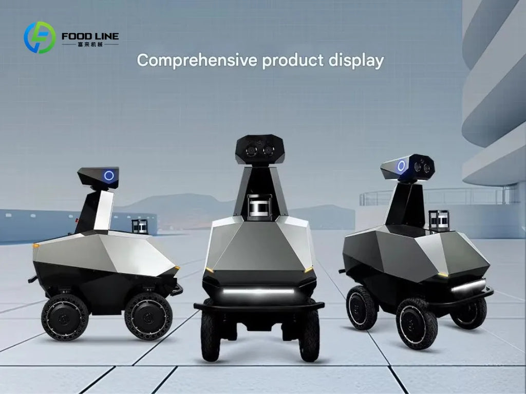 Robot patrulla autónomo FOOD LINE; vista de tres unidades con torretas y ruedas.