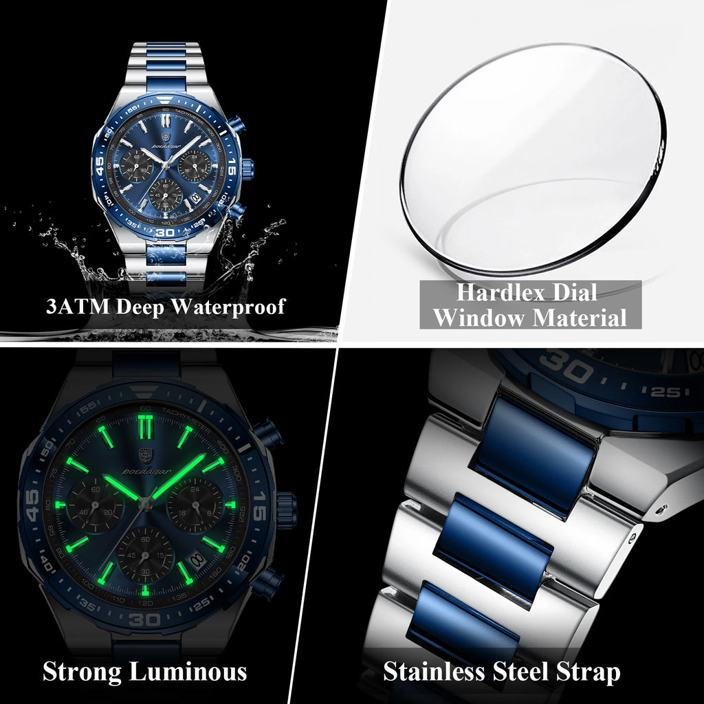 Reloj de cuarzo para hombre POEDAGAR, elegante, casual, luminoso, resistente al agua, de acero inoxidable, con cronógrafo y fecha