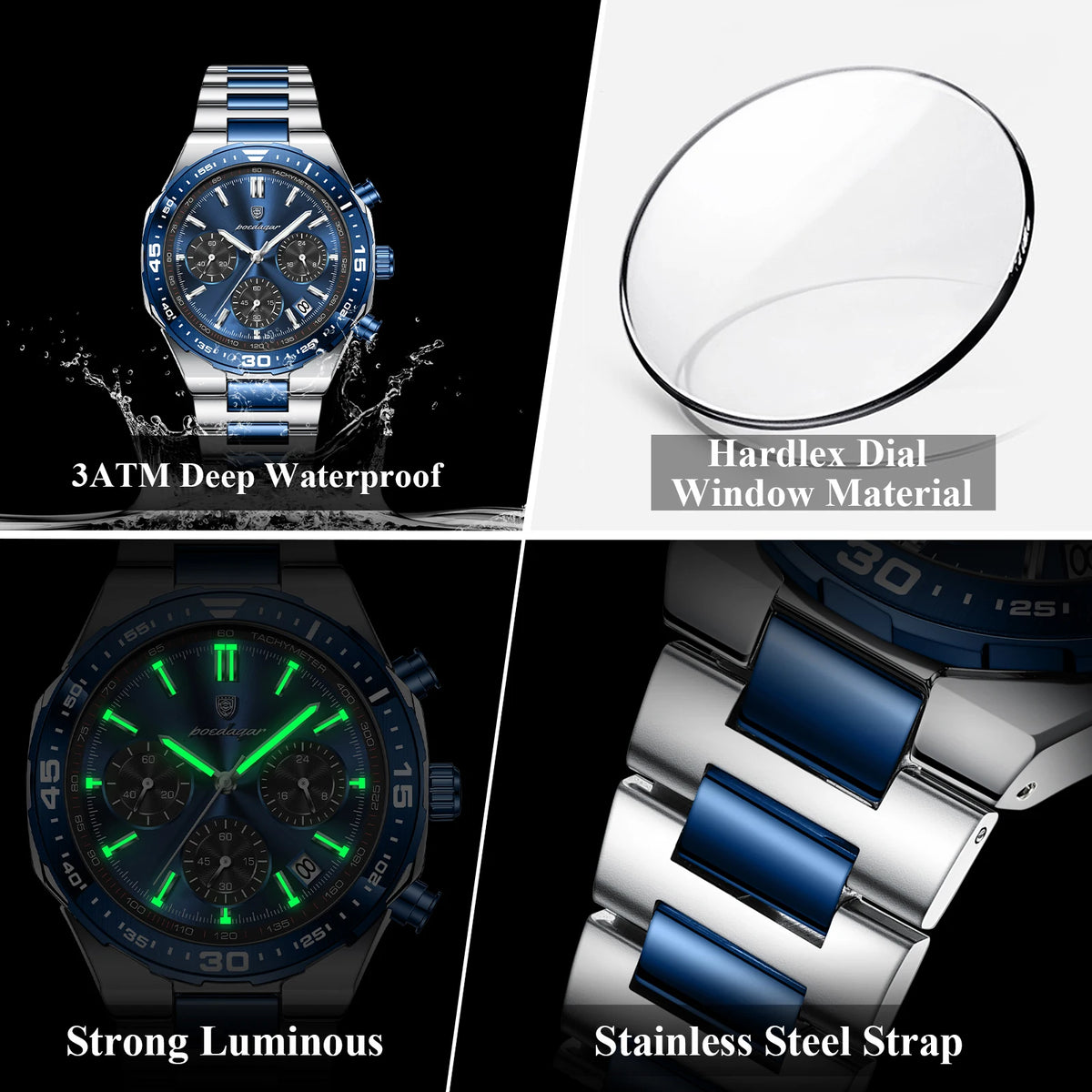 Reloj de cuarzo para hombre POEDAGAR, elegante, casual, luminoso, resistente al agua, de acero inoxidable, con cronógrafo y fecha