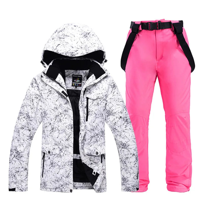 -30 Conjuntos de trajes de nieve blancos para hombres o mujeres Ropa de invierno al aire libre Ropa de snowboard Disfraces impermeables Chaqueta de esquí + Baberos de pantalón de nieve