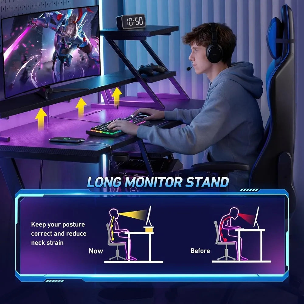 Soporte elevado para monitor del escritorio en L gaming, con detalle de postura