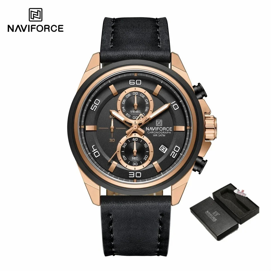 NAVIFORCE Chronograph Wristwatch for Male Quartz Date Display 30M Waterproof Real Leather Strap Clock Mature Fashion Man's Watch