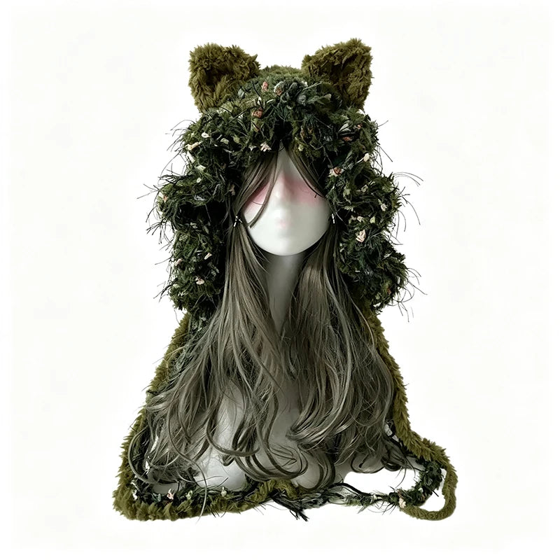 Gorro de Orejas de Zorro Verde Musgo Hecho a Mano Personalizado para Mujer, Gorro de Punto Floral de Felpa, Gorro de Invierno Cálido Estilo Goblincore para Hombre