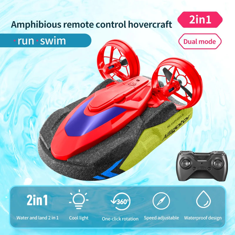 Barco de control remoto 2 en 1 de agua y tierra, aerodeslizador anfibio, 2.4G EPP, rotación de 360°, impermeable, coche RC de alta velocidad, barco aerodeslizador