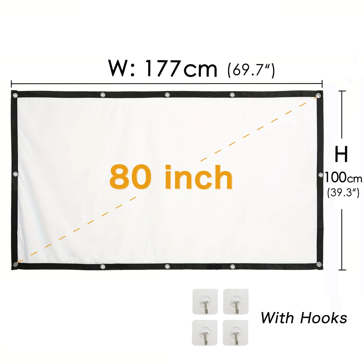 Pantalla de proyector 16:9 plegable de 80" con ganchos, marco negro y lienzo blanco