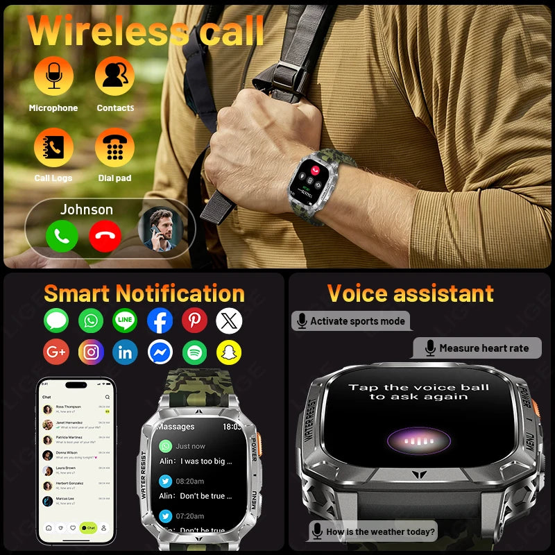 Reloj inteligente militar LIGE de 1400 mAh con batería de larga duración, pantalla HD de 2.01", linterna LED y luz SOS, llamadas BT y monitor de salud para hombre