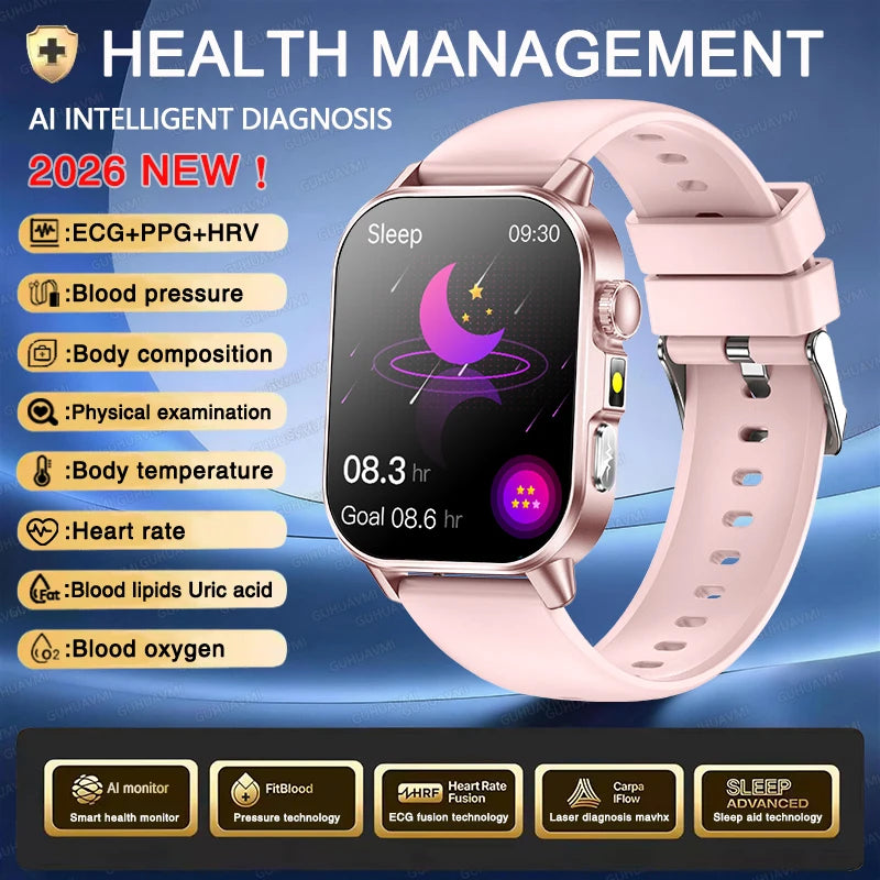 Nuevo reloj inteligente para hombres con diagnóstico de salud preciso ECG, presión arterial, oxígeno en sangre, grasa en sangre, ácido úrico, temperatura y llamadas Bluetooth