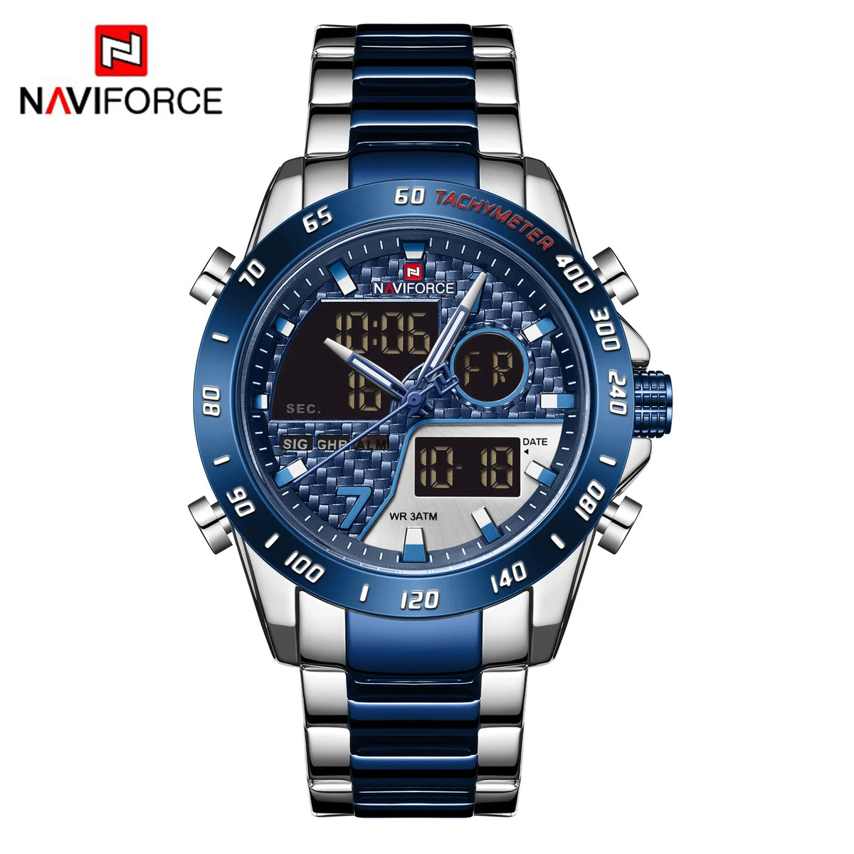 Reloj de hombre de marca superior NAVIFORCE, reloj deportivo militar de doble pantalla, resistente al agua, reloj de cuarzo con correa de acero de lujo para hombre
