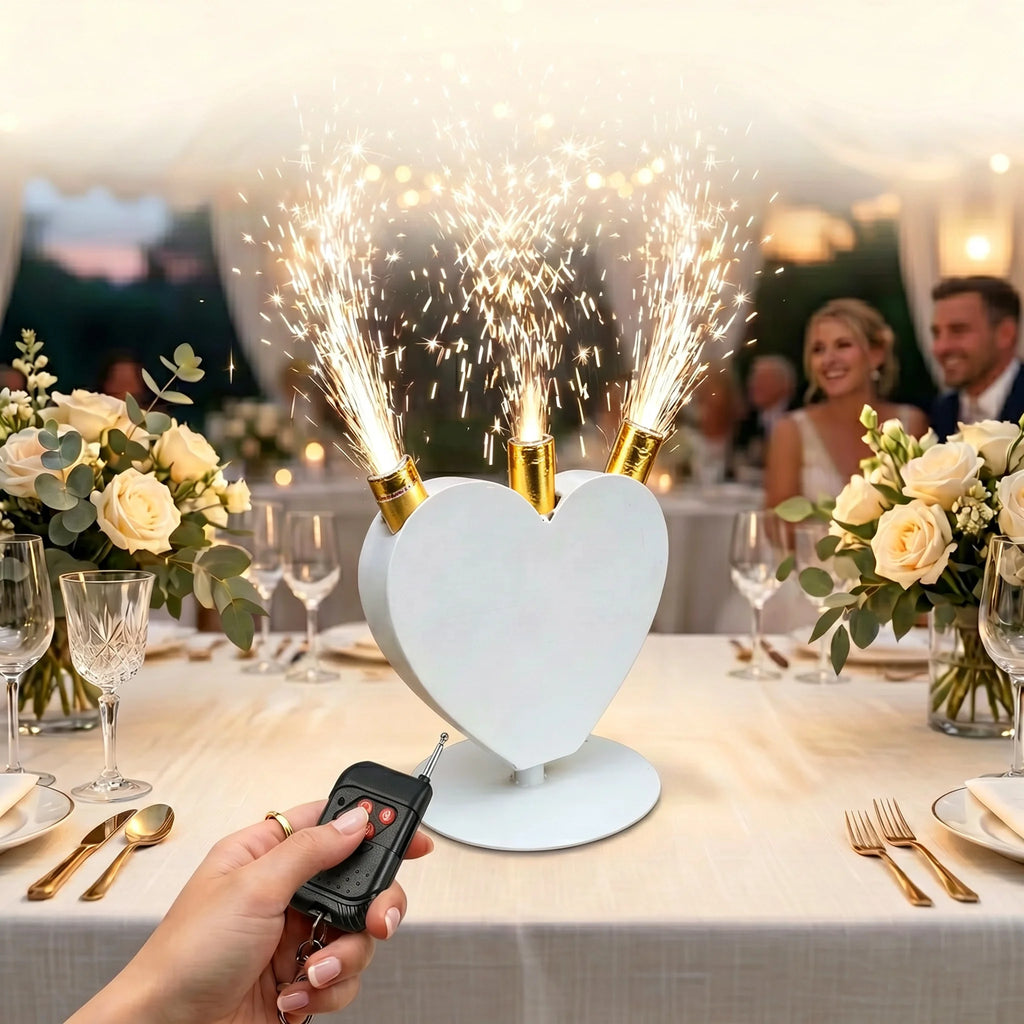 Máquina de chispas frías con forma de corazón, fuente con control remoto, equipo pirotécnico blanco para fiestas, eventos, espectáculos, escenarios de bodas y celebraciones.