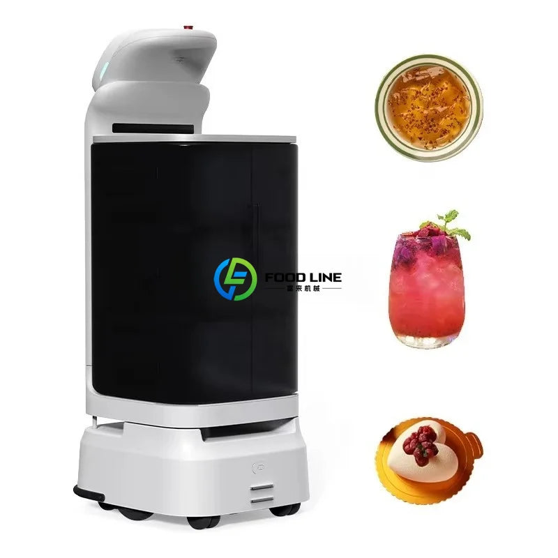 Robot camarero repartidor blanco con compartimento negro abierto y bandeja superior