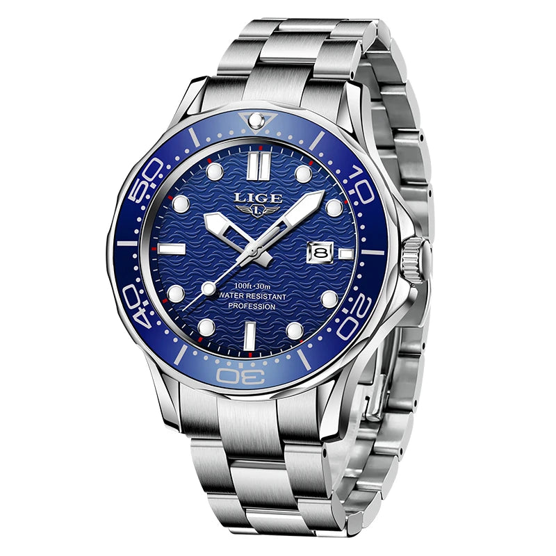 LIGE Nuevo Reloj de Negocios para Hombre, Reloj de Buceo de Lujo de Marca Superior en Azul para Hombre, Reloj Deportivo Impermeable con Fecha, Relogio Masculino, con Caja